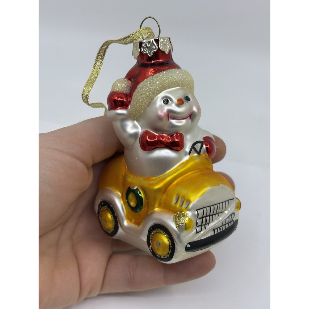 Vtg Glass Snowman In Yellow Cab Christmas Ornament